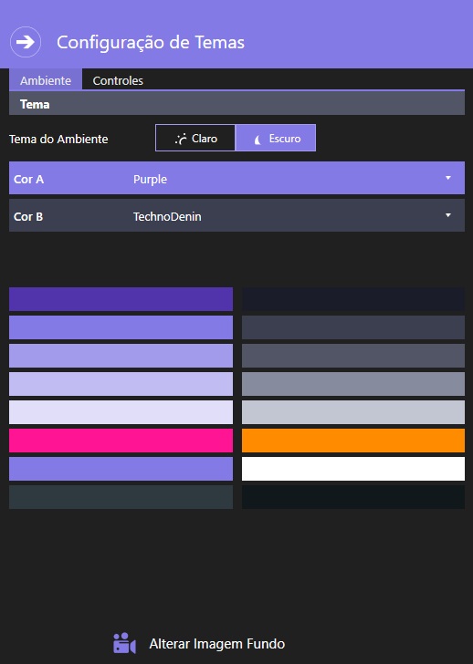 Variação escura das mesmas preferências de tema, com cores de destaque diferentes.